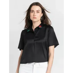 SHAYE Black Shirt Collar Embroidered Short Sleeves Casual Top For Women-picture-27