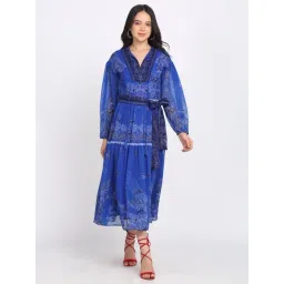 SHAYE Blue Polyester Printed A-Line Dress-picture-35