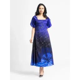 SHAYE Blue Square Neck Printed & Embroidered Short Sleeves Party Dress For Women-picture-39