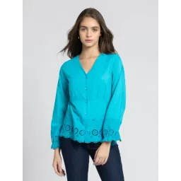 SHAYE Blue V-Neck Full Sleeves Casual Top For Women-picture-42