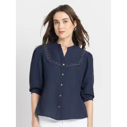 SHAYE Mandarin Collar Cuffed Sleeves Lace Shirt Style Top-picture-12
