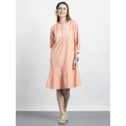 SHAYE Peach & White Cotton Embroidered A Line Dress-picture-34