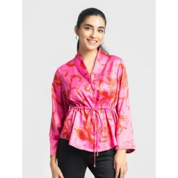 SHAYE Pink Shawl Collar Floral Print Three-Quarter Sleeves Casual Shirt For Women-picture-39