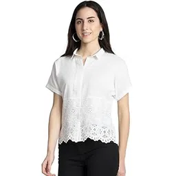shaye Shirt Collar White Embroidered Short Sleeves Casual Tops for Women-picture-24
