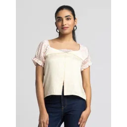 SHAYE White Scoop Neck Asymmetric Stripe Printed Short Sleeves Casual Top For Women-picture-33