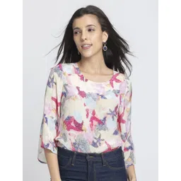 SHAYE White Scoop Neck Printed Three-Quarter Sleeves Casual Tops For Women-picture-12