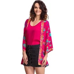 shaye Women Fuchsia & Blue Printed Longline Kimono Shrug in Poly Georgette Fabric | Long Sleeves | Straight Hemline (Magenta)-picture-21