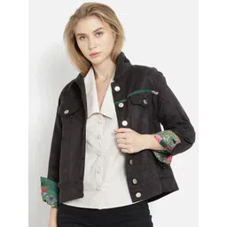 SHAYE Women Suede with Printed Lining Crop Denim Jacket-picture-29