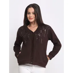 SHAYE Women V-Neck Brown Embroidered Long Sleeves Cardigan-picture-30