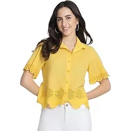 shaye Yellow Casual Short Sleeves Shirt Collar Embroidered Top for Women-picture-23