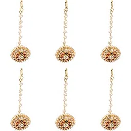 shecario Gold Plated BOR Maang Tikka | Kundan & Pearl Bor Tika With White Kundan | Matha Patti | Borla | Studded Head Chain for Women & Girls - Set of 6-picture-31