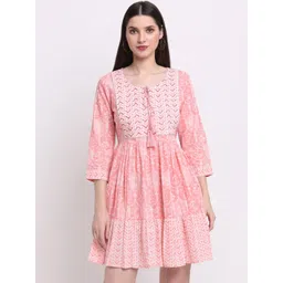 Shedika Ethnic Motifs Printed Tie-Up Neck Fit & Flare Cotton Ethnic Dress-picture-13