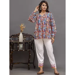 Shedika Ethnic Motifs Printed V-Neck Pure Cotton Tunic With Embroidered Trousers-picture-22