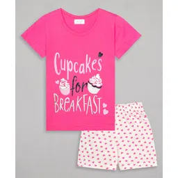 Sheer Love Cotton Jersey Half Sleeves Cupcakes For Breakfast Text & Hearts Printed Night Suit Set - Fuschia & Pink-picture-15