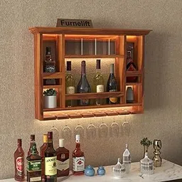 Sheesham Wood Wall Mounted Chessy Wine Rack - 8 Bottle and Upside Down Glass Storage - Elegent Wooden Bar Cabinet for Home Wine Collection (Honey Finish)-picture-33