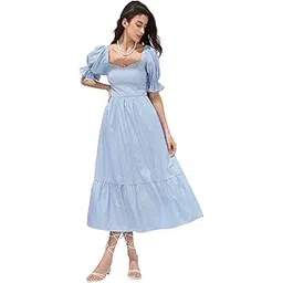 sheetal associates Women’s Blue & White Checked Puff Sleeve Maxi Dress|Long Formal One Piece for Women|Sweetheart Neckline Dress|Long Crepe Gown-picture-34