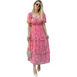 sheetal associates Women's Floral Puff Sleeve High Waist A Line Flowy Long Dress-picture-16