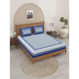 SheetKart Blue & White Ethnic Motifs 120 TC Queen Bedsheet With 2 Pillow Covers-picture-22
