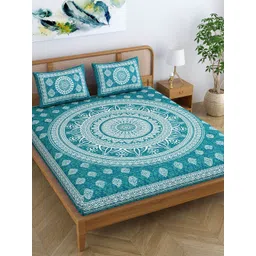 SheetKart Sea Green & White Ethnic Motifs 120 TC Queen Bedsheet With 2 Pillow Covers-picture-23