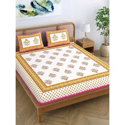SheetKart White & Pink Ethnic Motifs 120 TC Queen Bedsheet With 2 Pillow Covers-picture-30