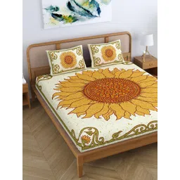 SheetKart Yellow & White Ethnic Motifs Cotton 144 TC Queen Bedsheet With 2 Pillow Covers-picture-19