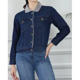 Shein Fleece Collar Full Sleeve Panelled Denim Jacket-picture-46