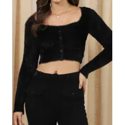 Shein Scoop Neck Full Sleeve Buttoned Fuzzy Pullover-picture-21