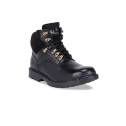 SHENCES Men Black Leather Mid-Top Flat Boots-picture-10