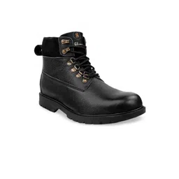 SHENCES Men Black Mid Top Leather Flat Boots-picture-10