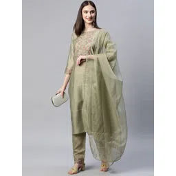 SheWill Green & Pink Floral Embroidered Thread Work Kurta with Trousers & Dupatta-picture-39