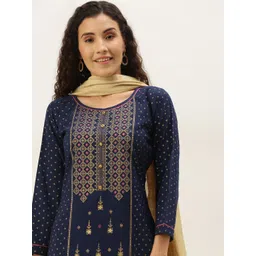 SheWill Women Navy Blue & Golden Foil Printed Kurta with Trousers & Dupatta-picture-11