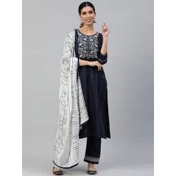 SheWill Women Navy Blue Ethnic Motifs Embroidered Kurta with Trousers & With Dupatta-picture-16