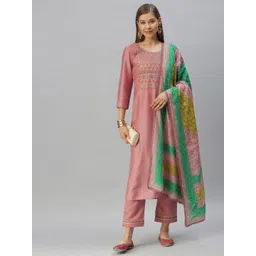 SheWill Women Pink Ethnic Yoke Design Sequinned Kurta with Trousers & Dupatta-picture-34