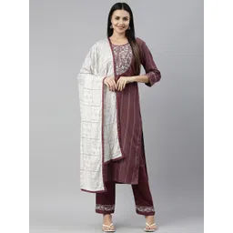 SheWill Women Purple Ethnic Motifs Embroidered Kurta with Trousers & With Dupatta-picture-31