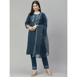 SheWill Women Teal Ethnic Motifs Embroidered Kurta with Trousers & With Dupatta-picture-13