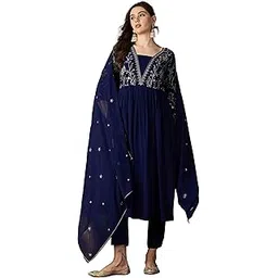 shewill Women's Navy Blue Georgette Zari Sequence Embroidered Naira Cut Kurta with Pant and Dupatta-picture-12
