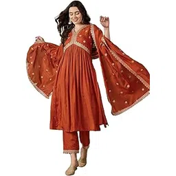 shewill Women's Orange Vichitra Silk Alia Cut Kurta Set with Zari Sequence Chain Work, Pant & Dupatta | Kurta with Embroidery for Women-picture-29