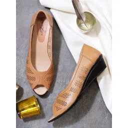 Shezone Women Beige Laser Cuts Heeled Casual Peep Toes-picture-14