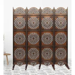 shilpi Brown Handcarved Wooden Room Divider Four Panels In Circular Floral Pattern With Stand-picture-30