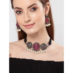 Shining Diva Pink & White Alloy Silver-Plated Oxidised Jewellery Set-picture-31