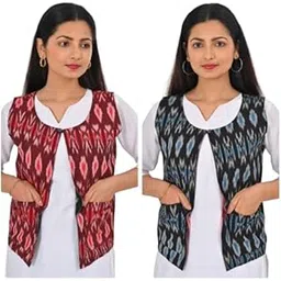 shipoo Reversible sleeveless Shrug/Two in one Shrug/cotton shrug/handloom cotton/ikat print for Office Wear |Party | Wedding-picture-30