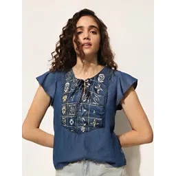 Shiv traders collection Floral Embroidered Tie-Up Neck Flutter Sleeve Cotton Denim Top-picture-30