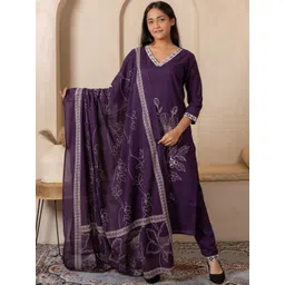 SHIVARA Ethnic Motifs Embroidered Thread Work Pure Cotton Kurta With Trousers & Dupatta-picture-35