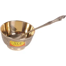 shivshakti arts Brass Mixing Bowl Handmade Pure Brass Embossed Flower Design Katori Bowl With Spoon Serving Indian Home Food Homeware::Set Of 1-picture-11