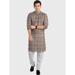 SHIWAM ETHNIX Men Brown & Green Printed Regular Cotton Kurta-picture-35