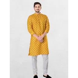 SHIWAM ETHNIX Men Yellow Geometric Printed Regular Straight Cotton Kurta-picture-38