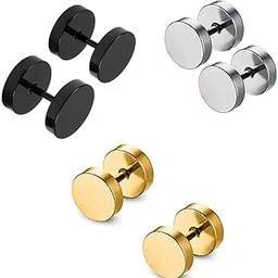 shobhram 3 Pair Black Gold Silver 316L Stainless Steel Studs Earring Bali Earrings for Men and Boys | Fashion Non Piercing Earrings for Men-picture-12