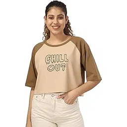 shodox 100% Cotton Crop top for Womens - Printed Raglan Sleeve Stylish Tshirt, Relaxed Fit Drop Shoulder Tops for Women-picture-43