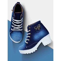 SHOE LAB Women Denim Embellished Block Heel Chunky Boots-picture-11