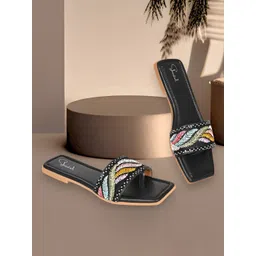 Shoestail Embroidered Open Toe Flats-picture-39